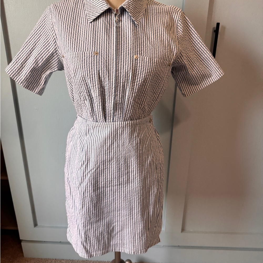 Denim&Co Vintage Blue and White and blue striped seersucker skort set